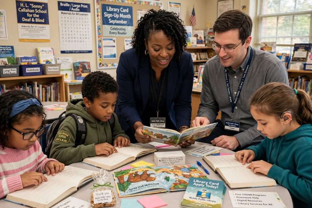Illustration for the news story: Mobile Public Library Closes Library Card Sign-Up Month With Braille Storytime at Callahan School