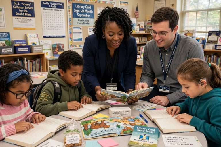 Illustration for the news story: Mobile Public Library Closes Library Card Sign-Up Month With Braille Storytime at Callahan School