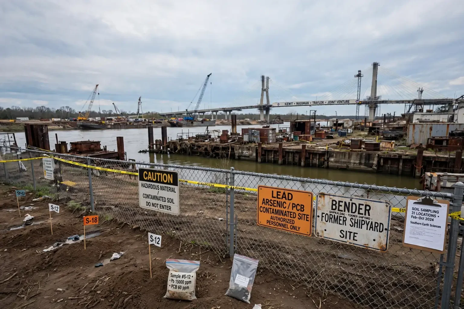 Industrial waterfront land along the Mobile River with cranes and downtown Mobile in the distance