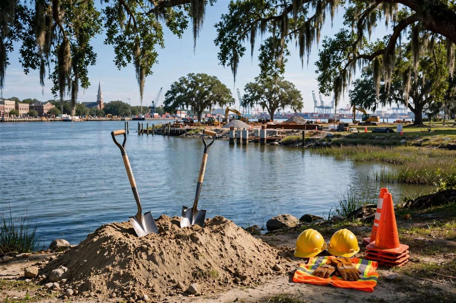 Ceremonial shovels and hard hats on a sandy groundbreaking site beside a river with cargo cranes and a city skyline beyond