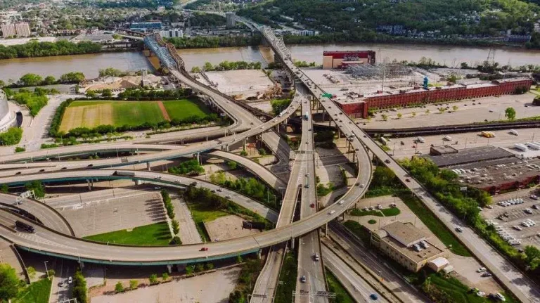 Aerial view of an interstate highway crossing a river