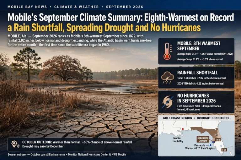 Illustration for the news story: Mobile’s September Climate Summary: Eighth-Warmest on Record, a Rain Shortfall, Spreading Drought and No Hurricanes