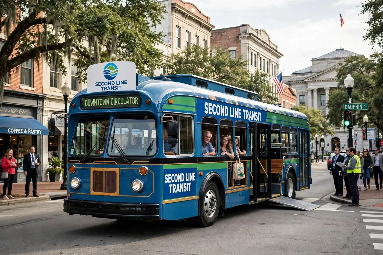 Blue and green Second Line Transit trolley-style bus carrying passengers on a downtown Mobile street