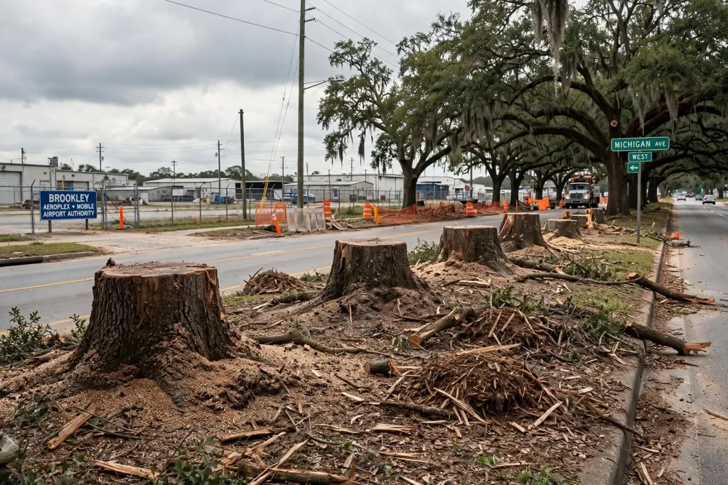 Live oaks along a Mobile street, as the Mobile Tree Commission presses for assurance on tree removals