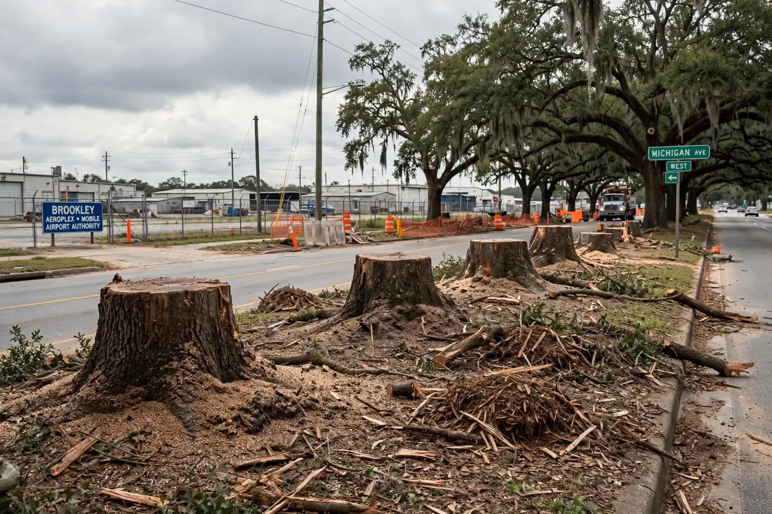 Live oaks along a Mobile street, as the Mobile Tree Commission presses for assurance on tree removals