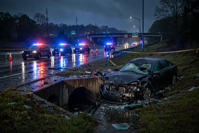 Patrol cars with flashing lights and officers at a cordoned roadside scene near a highway service road