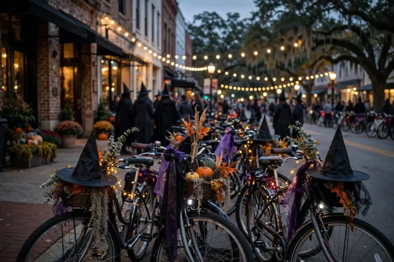 Costumed cyclists in pointed witch hats pedaling past cheering spectators along a downtown street at dusk