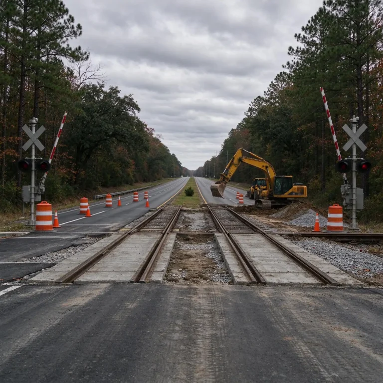 Road work zone with orange cones and lane closure signs at a railroad grade crossing on a four-lane highway