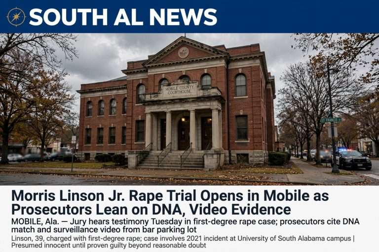 Illustration for the news story: Morris Linson Jr. Rape Trial Opens in Mobile as Prosecutors Lean on DNA, Video Evidence