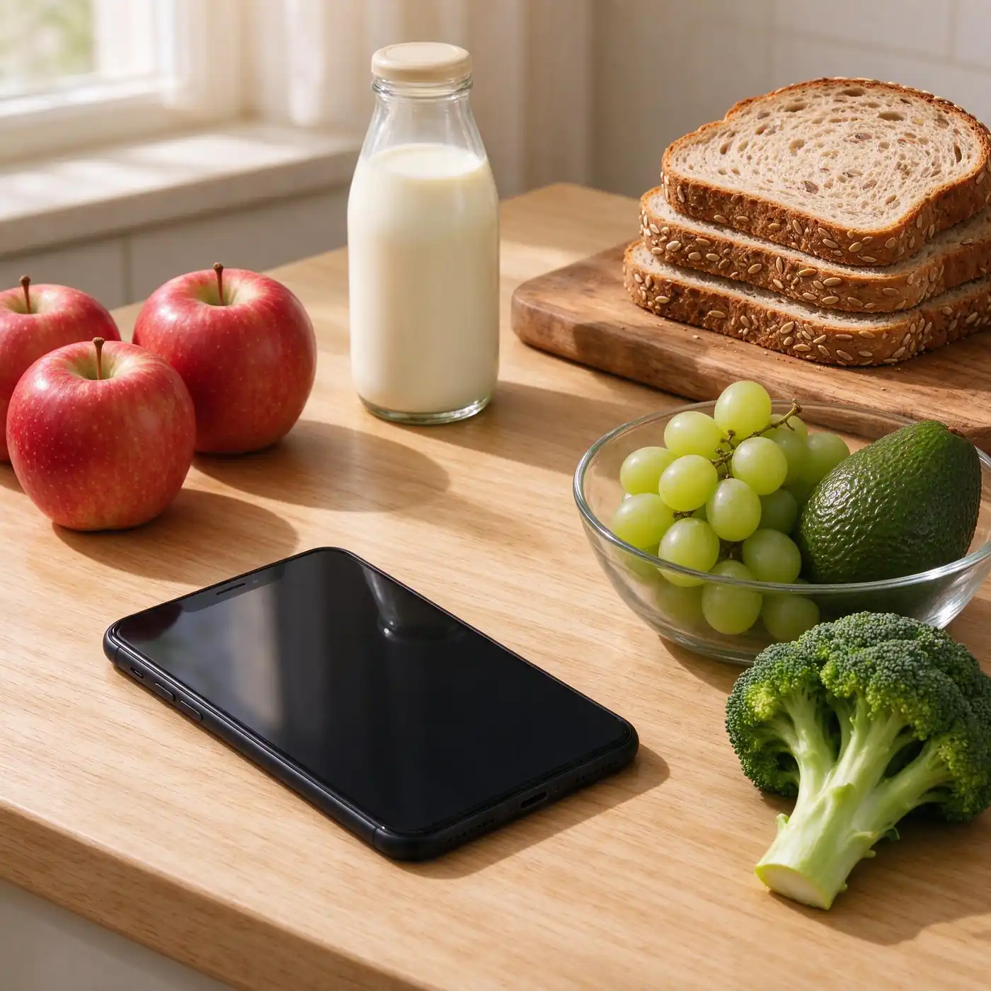 Smartphone on a kitchen counter beside milk, bread, fruit and vegetables