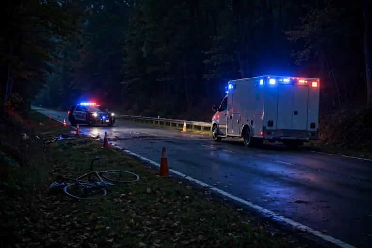 Ambulance and patrol vehicle with emergency lights on a dark tree-lined highway with traffic cones and a bicycle on the roadside, depicting a Mount Vernon ambulance crash scene