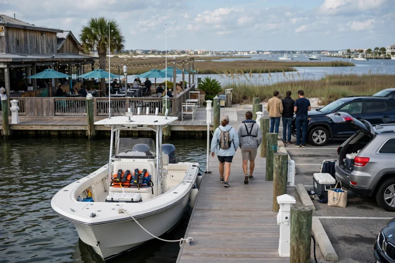 Several recreational boats cruising along a calm coastal waterway on a sunny day with waterfront restaurants along the shore