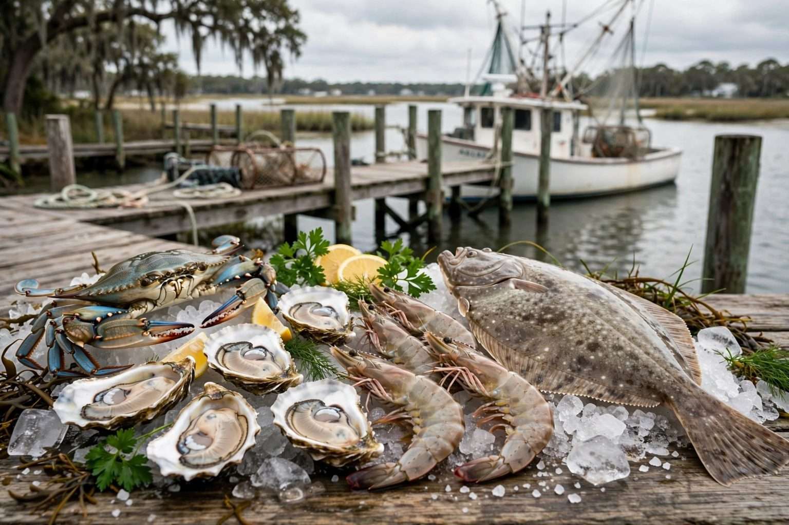Platter of Gulf shrimp, oysters on the half shell and grilled fish on a table overlooking coastal water
