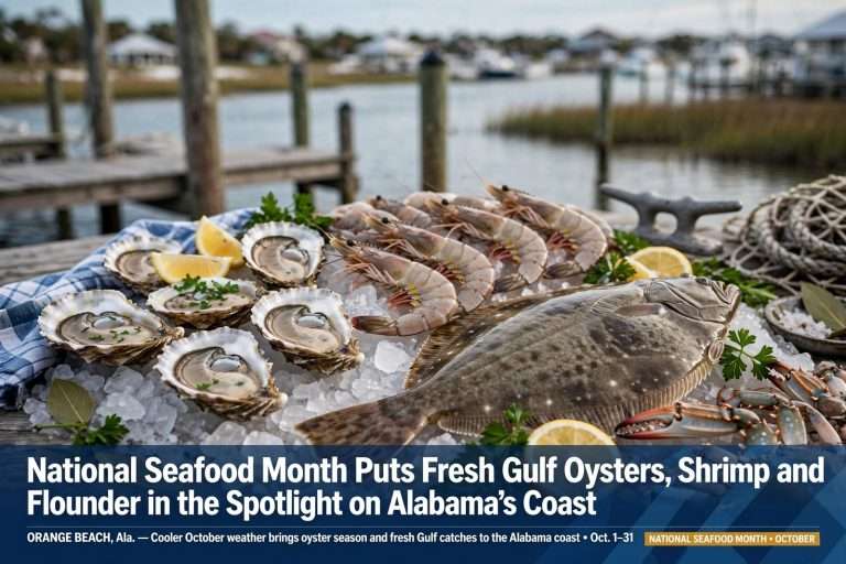 Illustration for the news story: National Seafood Month Puts Fresh Gulf Oysters, Shrimp and Flounder in the Spotlight on Alabama’s Coast