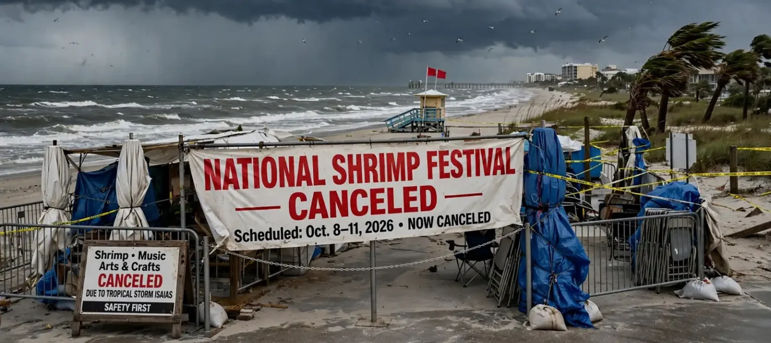 A canceled festival banner on fencing at a windswept beach under dark storm clouds with red flags flying
