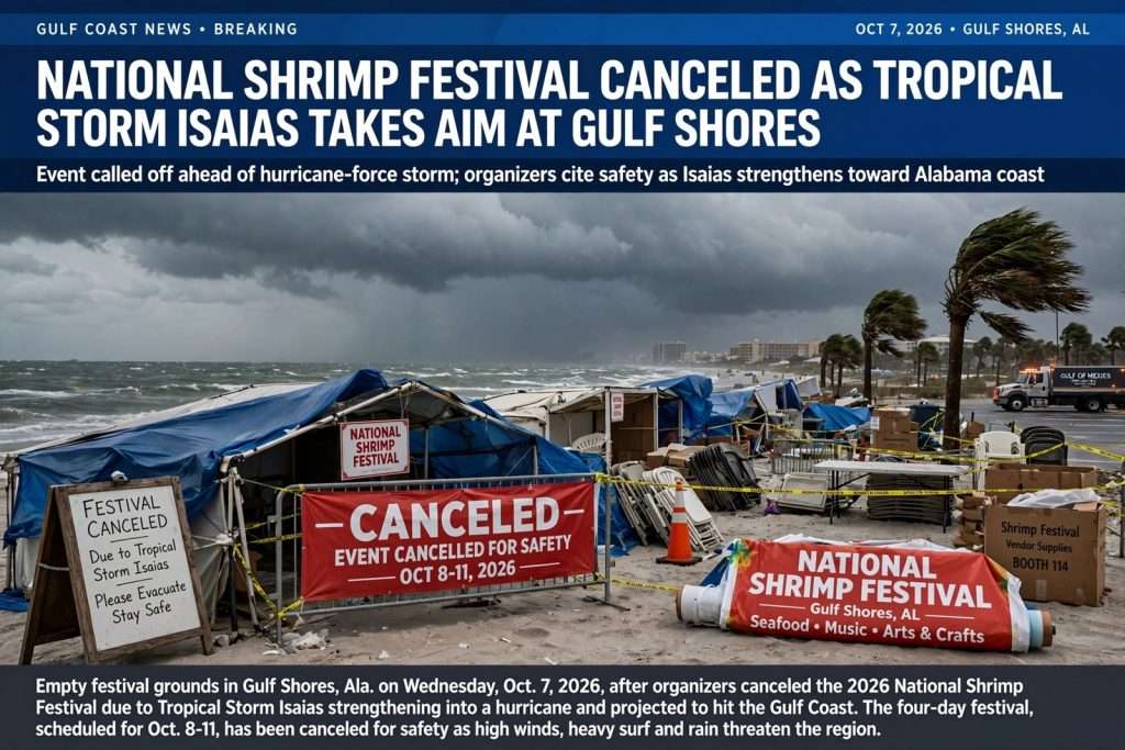 Illustration for the news story: National Shrimp Festival Canceled as Tropical Storm Isaias Takes Aim at Gulf Shores