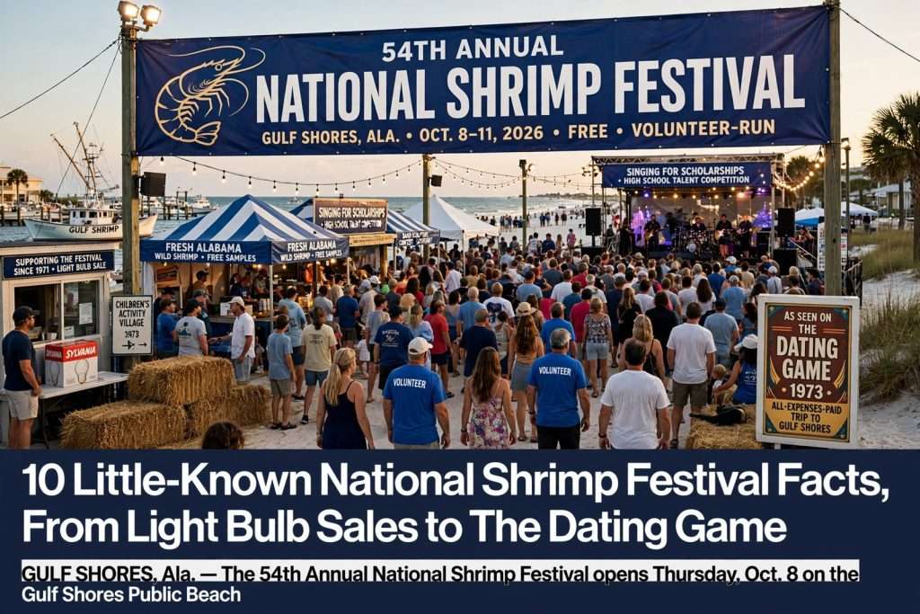 Illustration for the news story: 10 Little-Known National Shrimp Festival Facts, From Light Bulb Sales to The Dating Game
