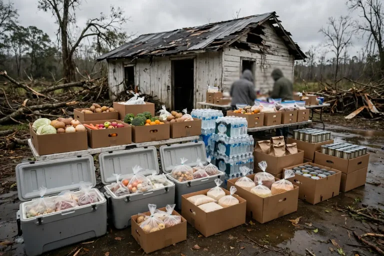 Volunteers packing boxes of produce and canned food at a community food pantry