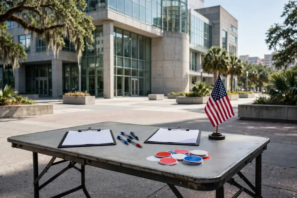 Clipboard with a voter registration form, pens and an I Voted style sticker sheet on a table outside a modern downtown government building