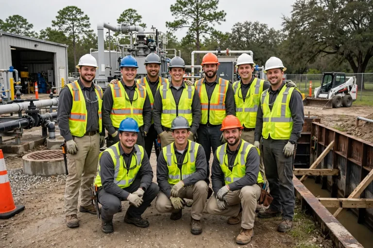 Utility workers in safety gear training at a water and wastewater facility