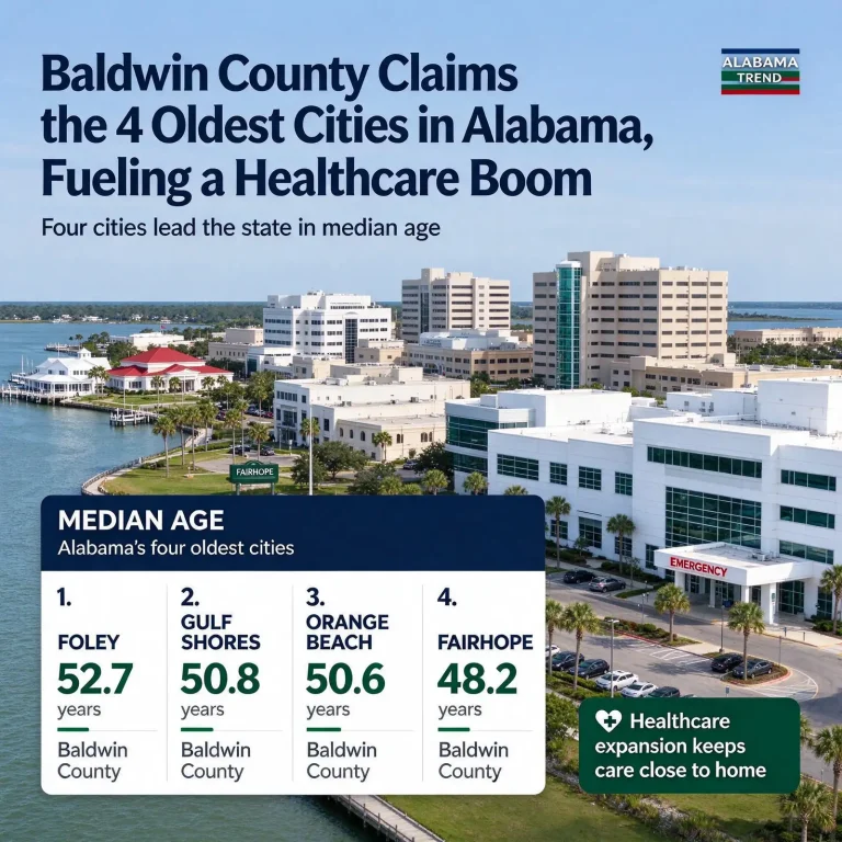 Infographic listing median ages of Foley, Gulf Shores, Orange Beach and Fairhope over a waterfront view with hospital buildings