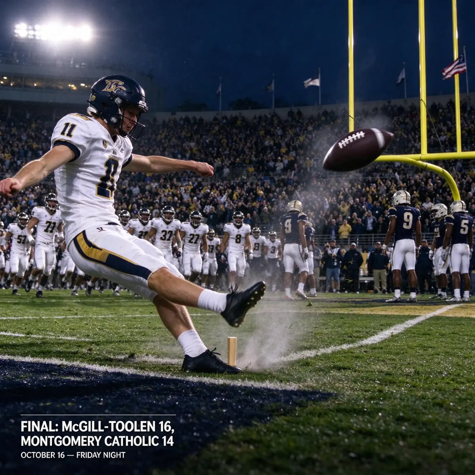 High school football kicker striking the ball toward the goalposts as the holder kneels on the field at night