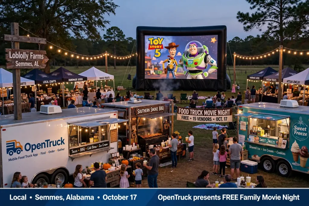 Families on blankets and lawn chairs in a field at dusk with food trucks lined up near an outdoor movie screen