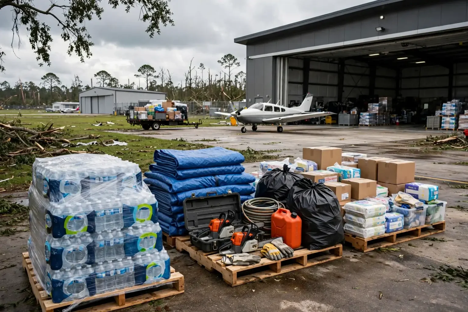 Pallets of bottled water, blue tarps, chainsaws, gloves, trash bags and diapers stacked outside an airport hangar with a small plane, for Operation Airdrop Isaias relief.