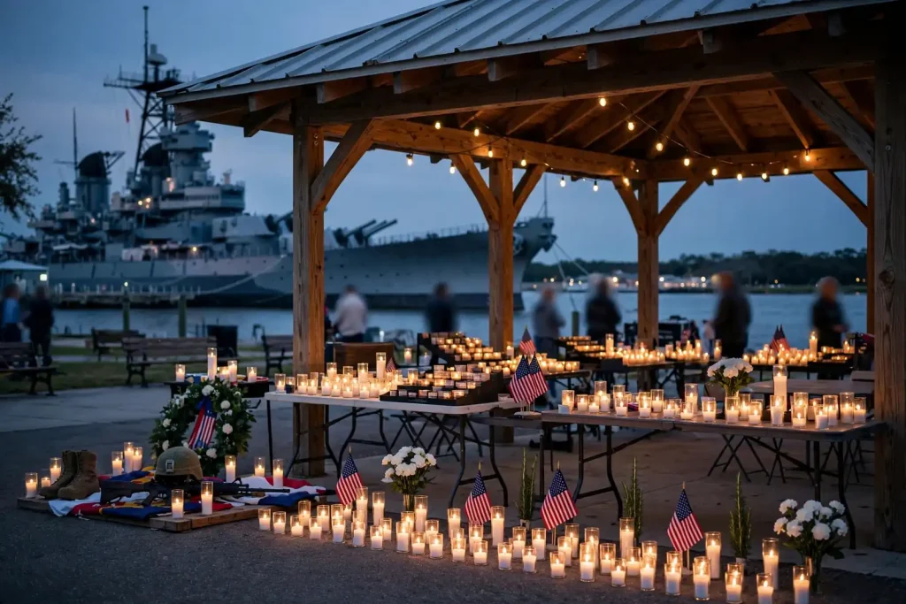 Lit candles held by attendees at an evening vigil near a waterfront memorial park