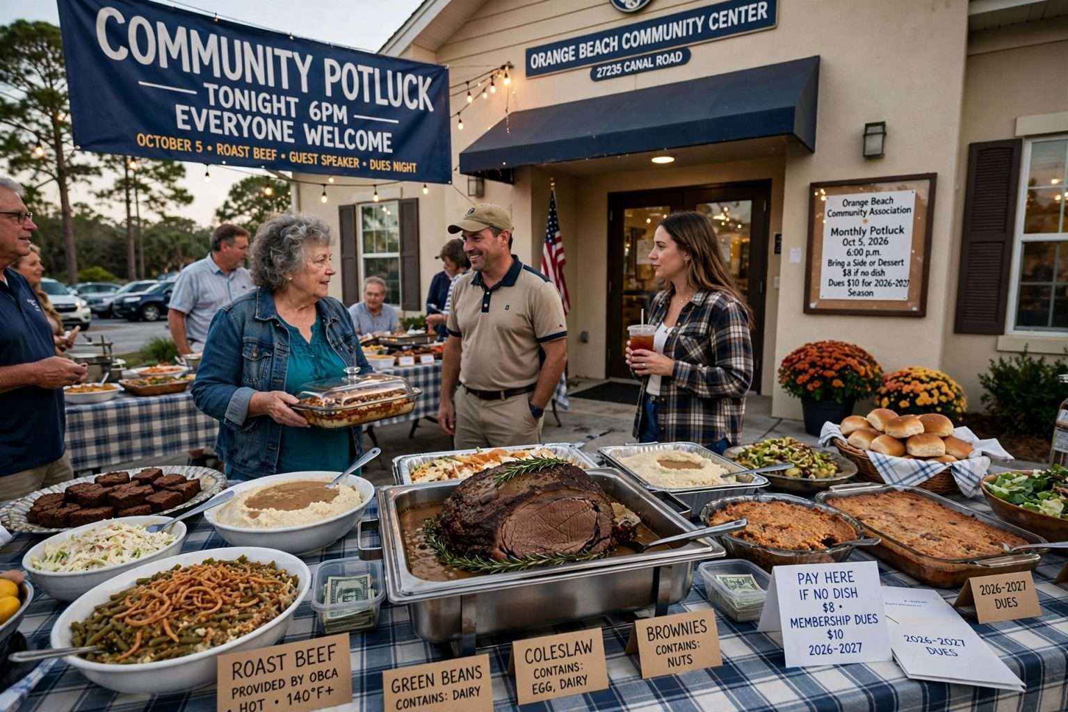 Long tables lined with home-cooked side dishes and desserts at a community potluck dinner in a community center hall