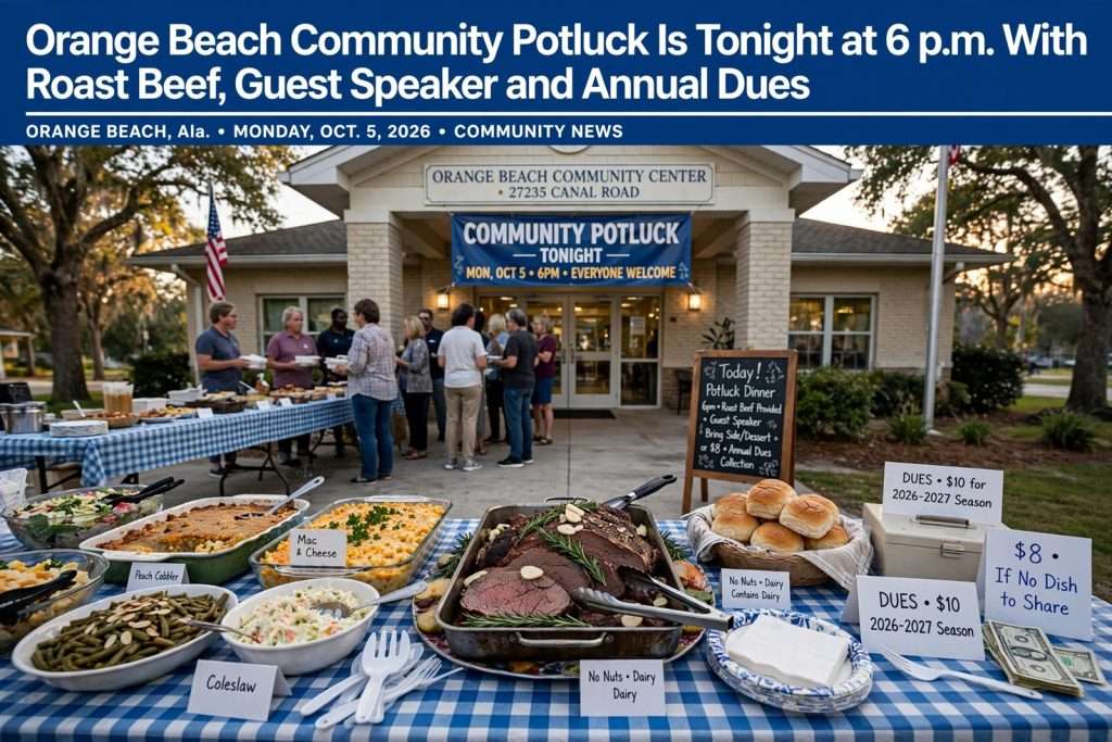 Illustration for the news story: Orange Beach Community Potluck Is Tonight at 6 p.m. With Roast Beef, Guest Speaker and Annual Dues