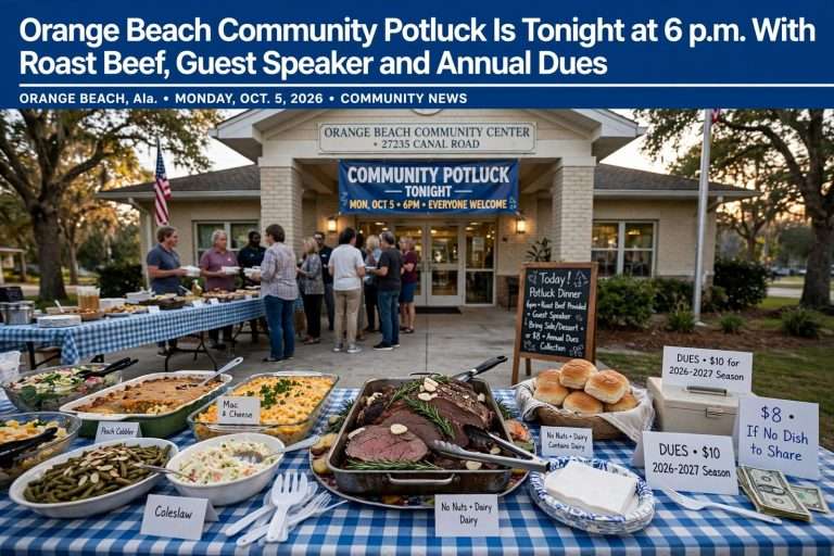 Illustration for the news story: Orange Beach Community Potluck Is Tonight at 6 p.m. With Roast Beef, Guest Speaker and Annual Dues