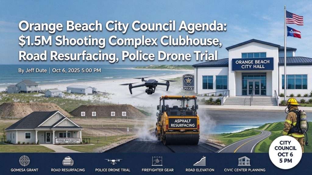 Illustration for the news story: Orange Beach City Council Agenda: $1.5M Shooting Complex Clubhouse, Road Resurfacing, Police Drone Trial