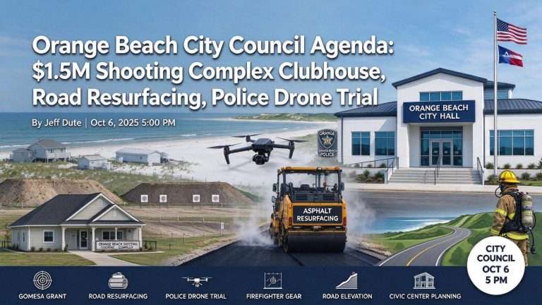Illustration for the news story: Orange Beach City Council Agenda: $1.5M Shooting Complex Clubhouse, Road Resurfacing, Police Drone Trial