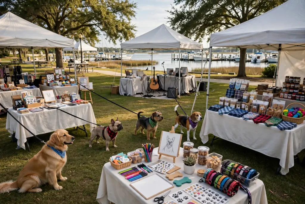 Leashed dogs in bandanas among pet vendor tents, a caricature easel and a music stage at a waterfront park, illustrating Orange Beach Fido Fest