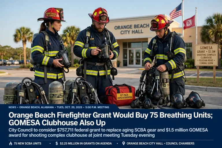 Orange Beach firefighters in turnout gear inspecting self-contained breathing apparatus outside City Hall