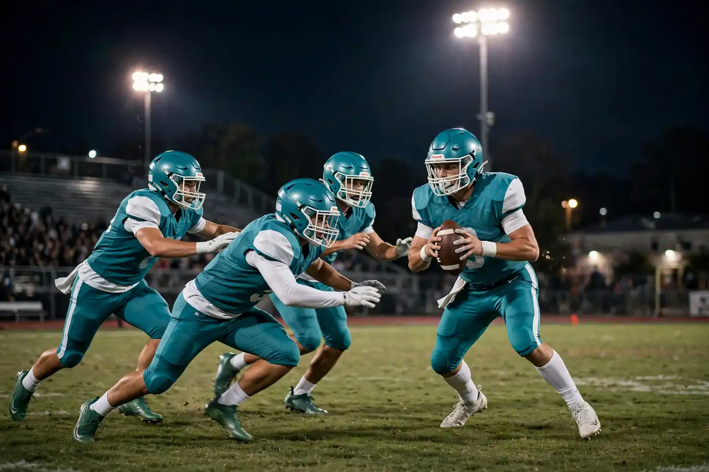 High school football defenders rushing toward a quarterback under stadium lights