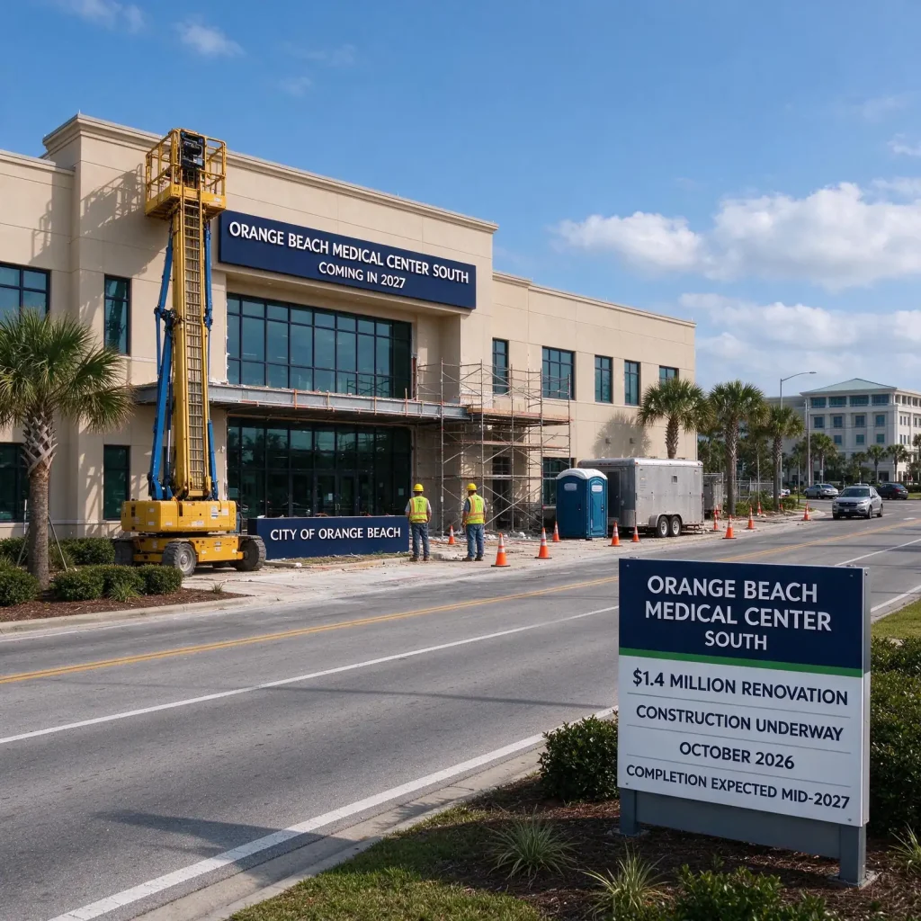 Two-story commercial building under renovation with construction crews and scaffolding beside a palm-lined boulevard