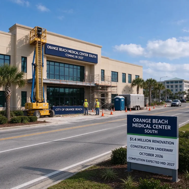 Two-story commercial building under renovation with construction crews and scaffolding beside a palm-lined boulevard