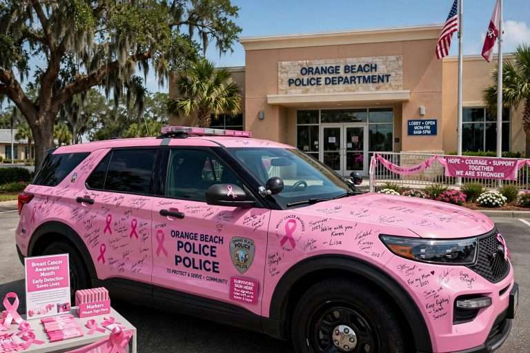 A pink police SUV covered in signatures and pink ribbons parked outside a police department building