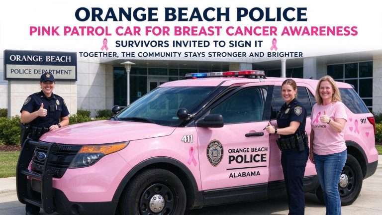 Illustration for the news story: Orange Beach Police Roll Out a Pink Patrol Car for Breast Cancer Awareness Month — and Invite Survivors to Sign It