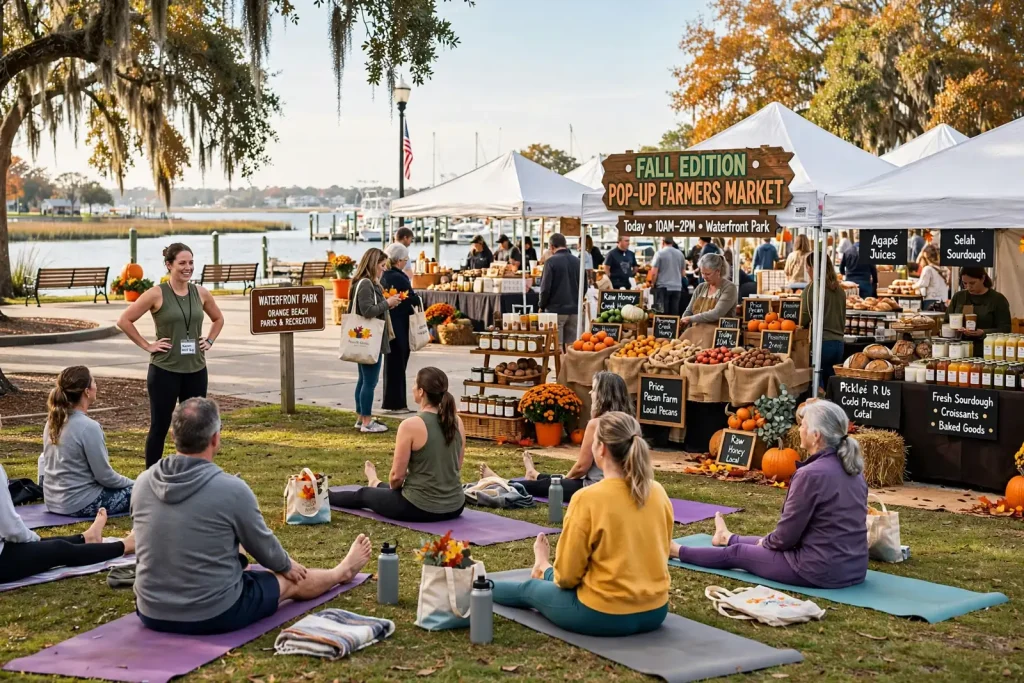 Canopy tents with tables of fresh produce, baked goods and jars of honey set up at an outdoor market near the water