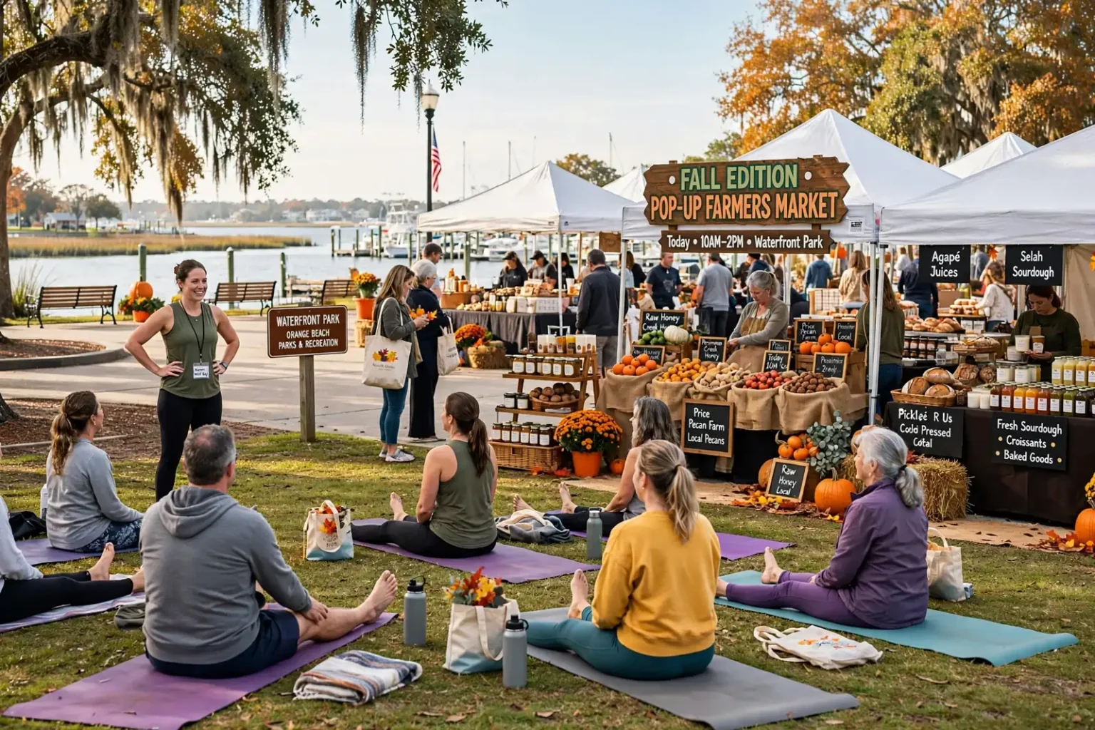 Canopy tents with tables of fresh produce, baked goods and jars of honey set up at an outdoor market near the water