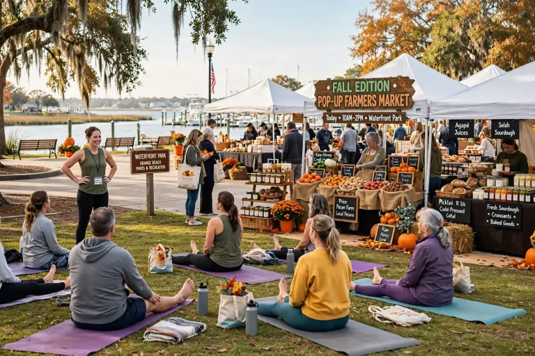 Canopy tents with tables of fresh produce, baked goods and jars of honey set up at an outdoor market near the water