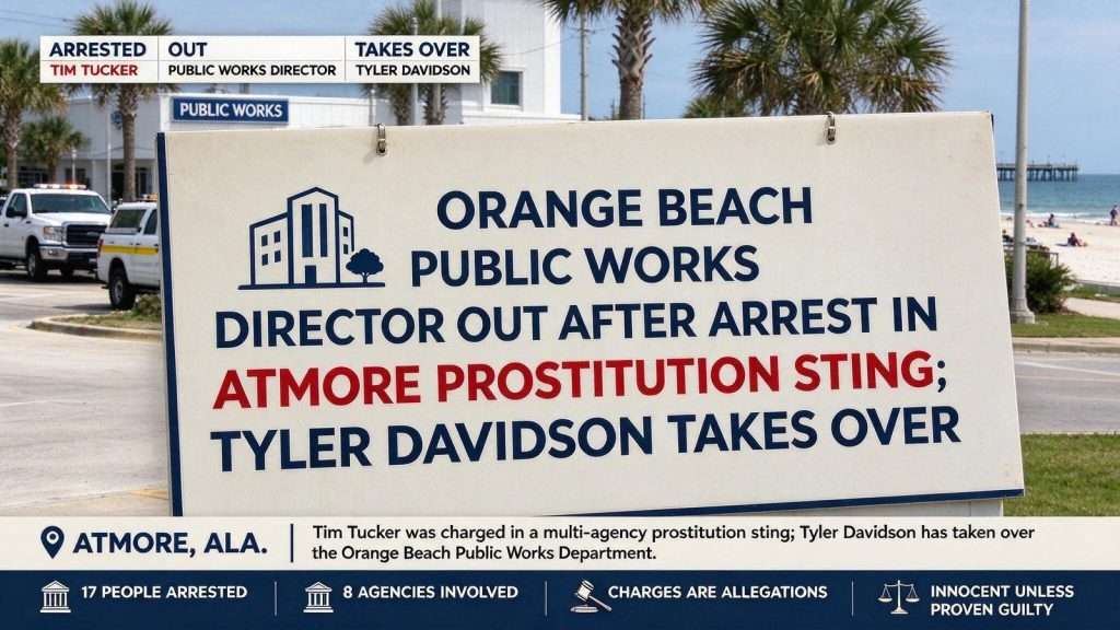 Illustration for the news story: Orange Beach Public Works Director Out After Arrest in Atmore Prostitution Sting; Tyler Davidson Takes Over