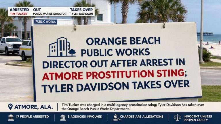 Illustration for the news story: Orange Beach Public Works Director Out After Arrest in Atmore Prostitution Sting; Tyler Davidson Takes Over