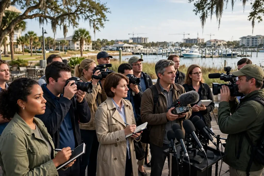 Reporters with cameras, notebooks and microphones gather near a marina in Orange Beach for a press availability