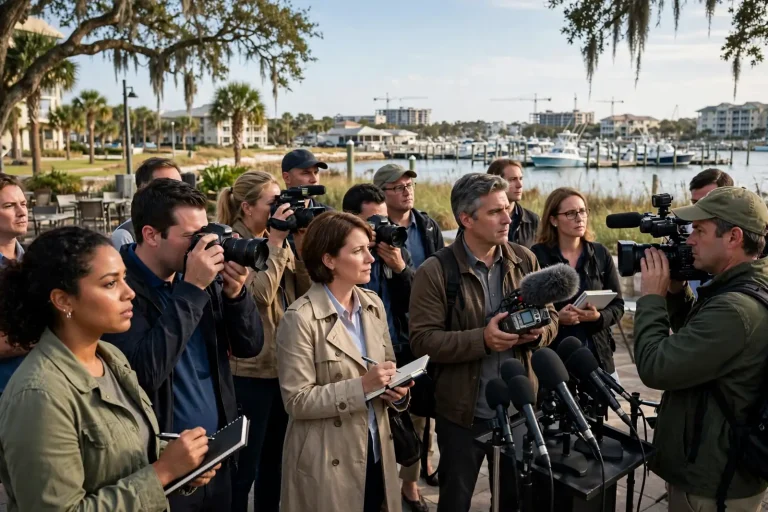 Reporters with cameras, notebooks and microphones gather near a marina in Orange Beach for a press availability