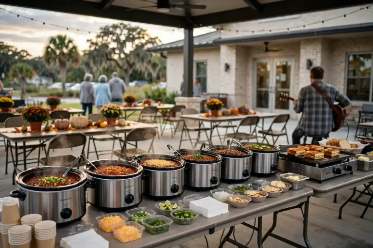 Contestants ladling chili into bowls as attendees sample and vote at a community cook-off with decorated tables