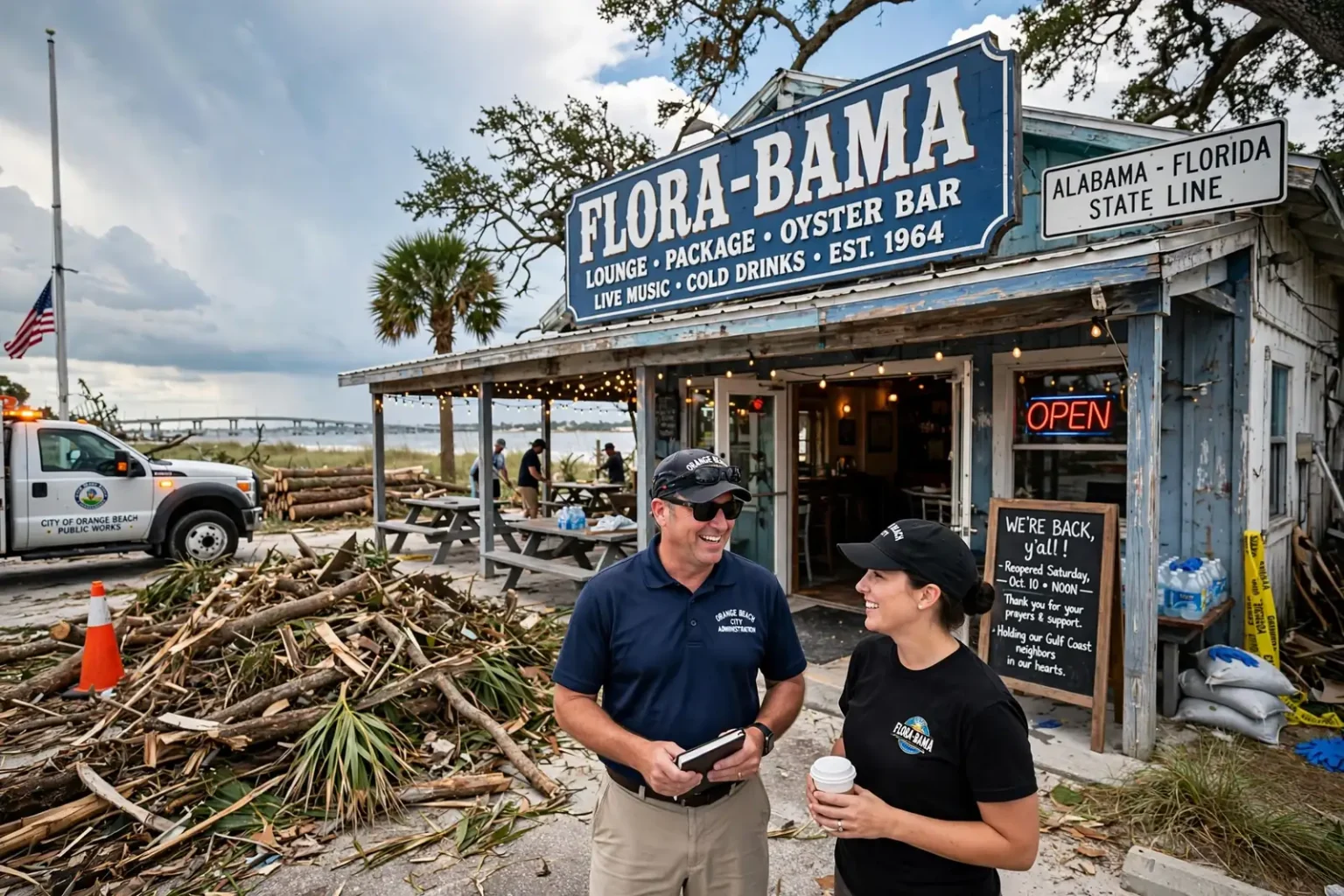 The weathered wooden exterior and sign of a beachfront bar on the Alabama-Florida state line under blue skies, with a few palm fronds and small branches scattered in the parking lot